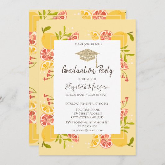 Grad Cap, Citrus Abschluss Einladung (Vorne/Hinten)