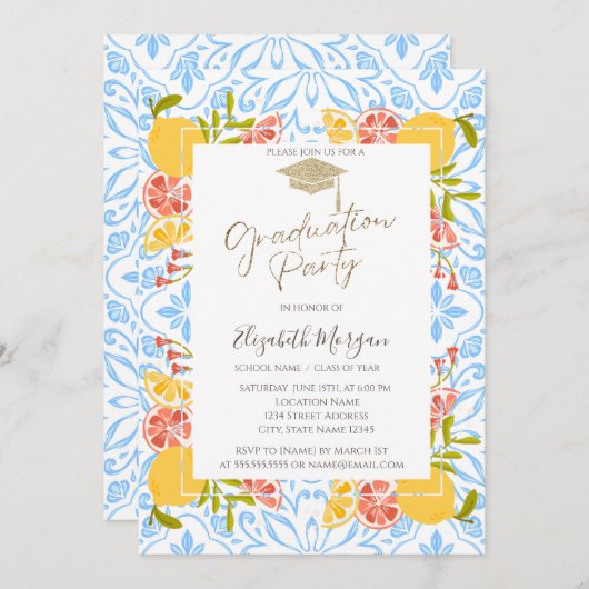 Grad Cap, Citrus Blue Abschluss Mittelmeer Einladung (Vorne/Hinten)