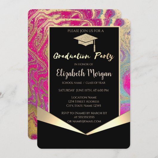 Grad Cap, Confetti farbenfroher Marmormarmor Absch Einladung (Vorne/Hinten)