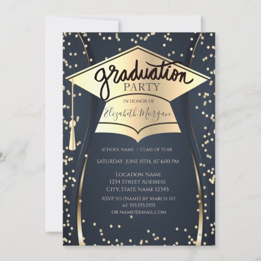 Grad Cap, Diamonds Navy Blue Abschluss Einladung (Vorderseite)