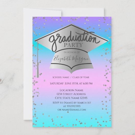 Grad Cap, Diamonds Ombre Holographic Abschluss Einladung (Vorderseite)