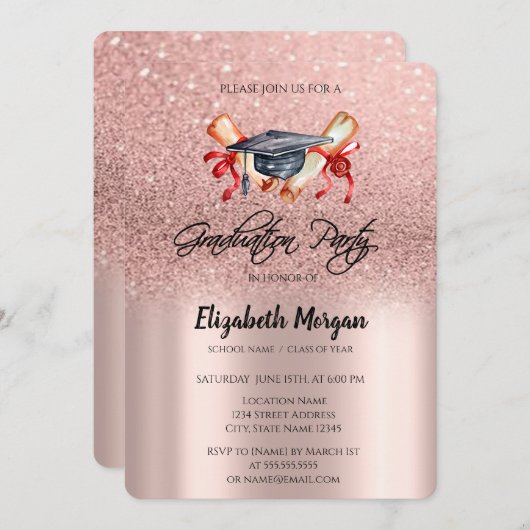 Grad Cap Diploma Rose Gold Glitzer Abschluss Einladung (Vorne/Hinten)