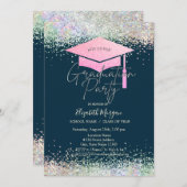 Grad Cap, farbenfroher Confetti Navy Blue Abschlus Einladung (Vorne/Hinten)