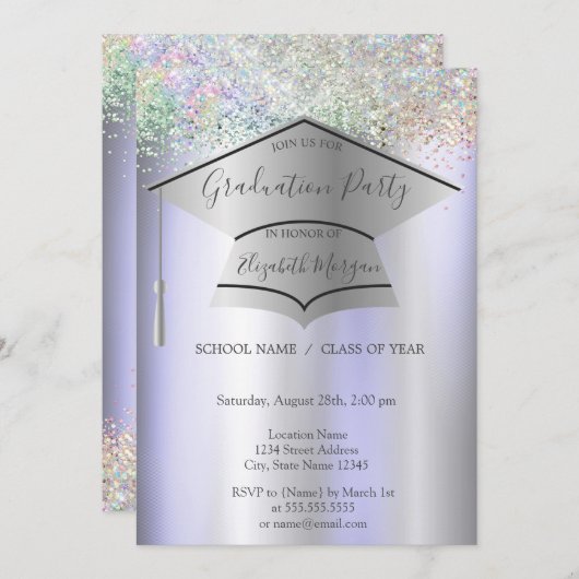 Grad Cap, farbenfroher Confetti Violet Abschluss Einladung (Vorne/Hinten)