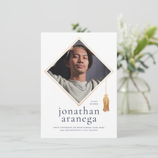 Grad Cap | Gold Blue & White Foto Ankündigung (Stehend Vorderseite)