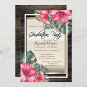 Grad Cap, Hibiskus Abschluss Holz Einladung (Vorne/Hinten)