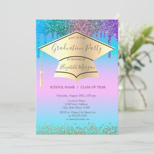 Grad Cap, Karo, Tropfen, Holografischer Abschluss Einladung (Stehend Vorderseite)