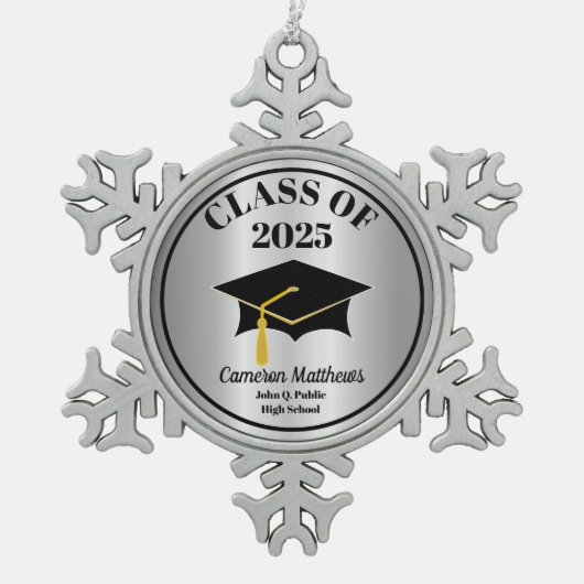 Grad Cap-Klasse des Silver Name-Abschlusses 2025 Schneeflocken Zinn-Ornament (Vorderseite)