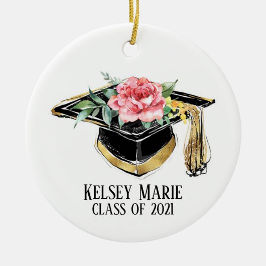 Grad Cap mit Blume Abschluss halten Keramik Ornament (Vorne)