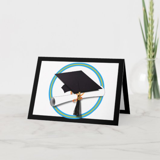 Grad Cap mit Diplom - Schulfarben Gold & Lt Blue Karte (Vorderseite)