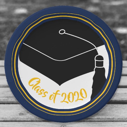 Grad Cap Navy und Gold Class Year Pappteller