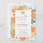 Grad Cap, Orange Mediterranean Blue Abschluss Einladung (Vorderseite)