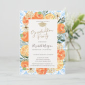 Grad Cap, Orange Mediterranean Blue Abschluss Einladung (Stehend Vorderseite)