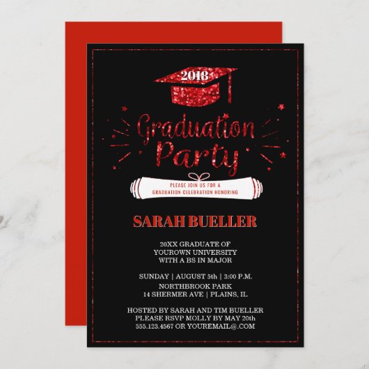 Grad Cap Red Glitzer 2018 Graduation Party Einladung (Vorne/Hinten)