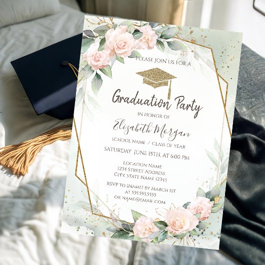 Grad Cap Rosa Roses Frame Abschluss Einladung
