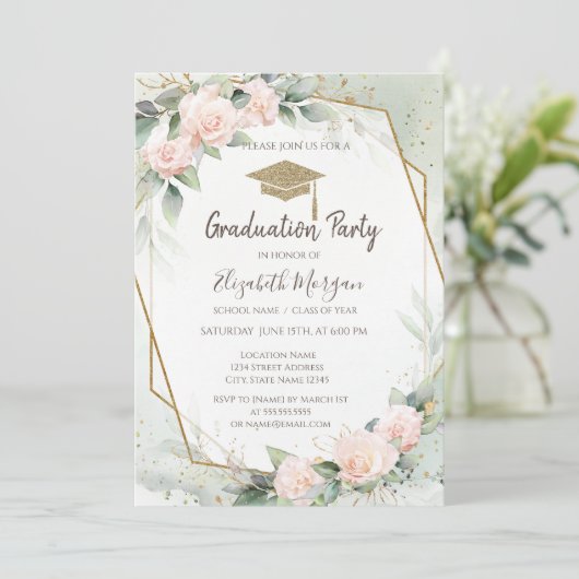 Grad Cap Rosa Roses Frame Abschluss Einladung (Stehend Vorderseite)