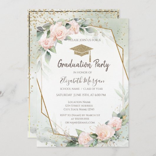 Grad Cap Rosa Roses Frame Abschluss Einladung (Vorne/Hinten)