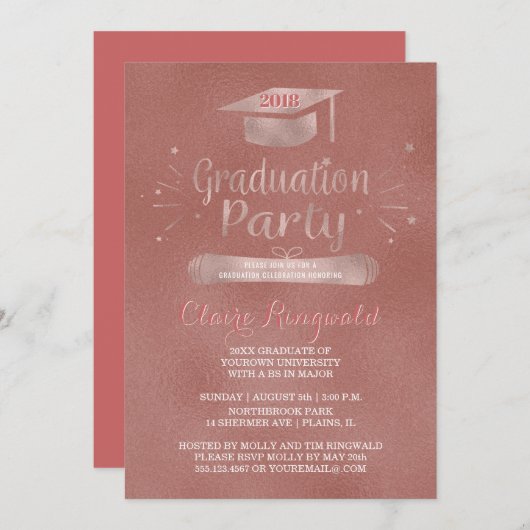 Grad-Cap-Rose-Gold-Graduation-Party 2018 Einladung (Vorne/Hinten)