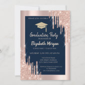 Grad Cap, Rose Gold Tropfen, Navy Blue Gold Mandal Einladung (Vorderseite)