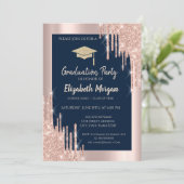 Grad Cap, Rose Gold Tropfen, Navy Blue Gold Mandal Einladung (Stehend Vorderseite)