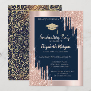 Grad Cap, Rose Gold Tropfen, Navy Blue Gold Mandal Einladung