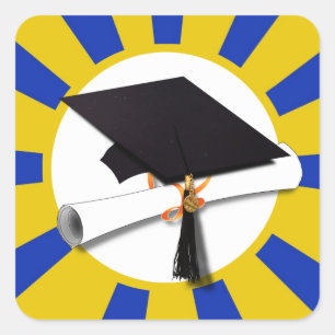 Grad Cap School Farben Blau und Gold Quadratischer Aufkleber