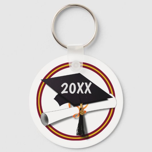 Grad Cap School Farben Gold und Rot Schlüsselanhänger (Vorderseite)
