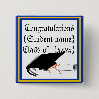Grad Cap Tilt mit Schulfarben Blau und Gold Button