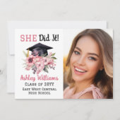 Grad Cap und Pink Florals 3 Foto Sie tat es Ankündigung (Vorderseite)