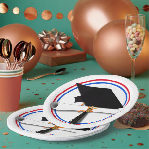 Grad Cap w/Diploma - Rote und blaue Schulfarben Pappteller