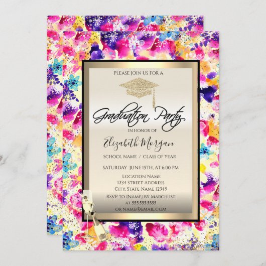 Grad Cap, Weinglas, Confetti-Blume Abschluss Einladung (Vorne/Hinten)