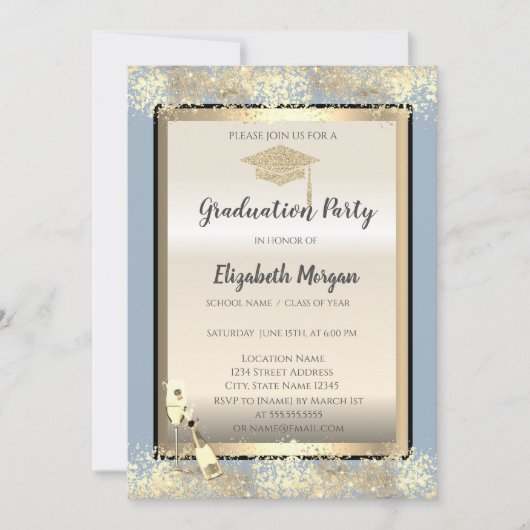 Grad Cap, Weinglas Confetti Dusty Blue Abschluss Einladung (Vorderseite)