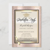 Grad Cap, Weinglas, Confetti Rose Gold Abschluss Einladung (Vorderseite)