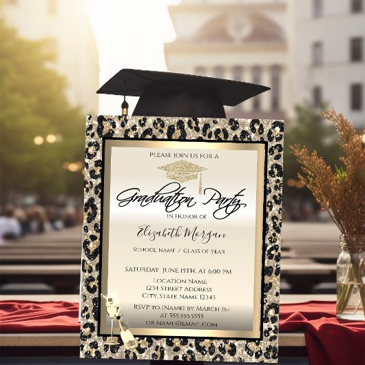 Grad Cap, Weinglas Glitzer Leopard Print Einladung