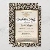 Grad Cap, Weinglas Glitzer Leopard Print Einladung (Vorne/Hinten)