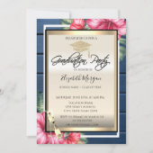 Grad Cap, Weinglas, Hibiskus Blue Wood Abschluss Einladung (Vorderseite)