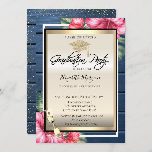 Grad Cap, Weinglas, Hibiskus Blue Wood Abschluss Einladung (Vorne/Hinten)