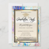 Grad Cap, Weinglas, Konfetti Opal, holografisch Einladung (Vorderseite)