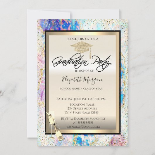 Grad Cap, Weinglas, Konfetti Opal, holografisch Einladung (Vorderseite)