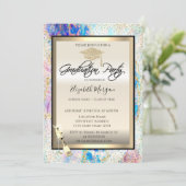 Grad Cap, Weinglas, Konfetti Opal, holografisch Einladung (Stehend Vorderseite)