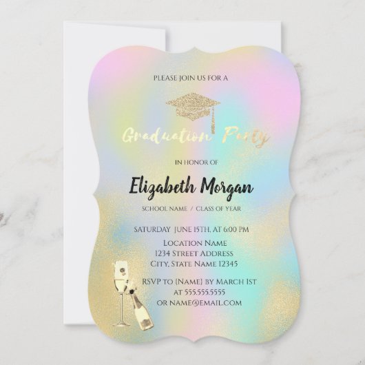 Grad Cap, Weinglas Stars Holografischer Abschluss Einladung (Vorderseite)