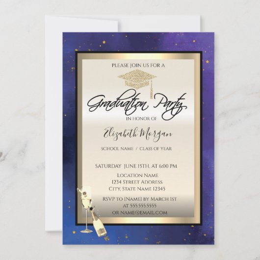 Grad Cap, Weinglas, Sterne, Blauer Abschluss Einladung (Vorderseite)