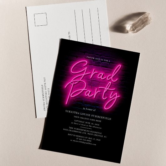Grad Class 2025 Pink Neon Script Graduation Party Einladungspostkarte