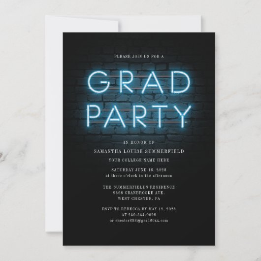 Grad Foto Blue Neon Sign Graduation Party Einladung (Vorderseite)