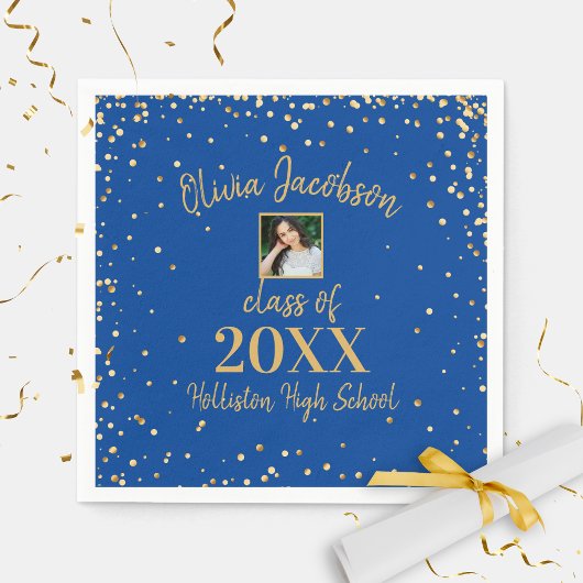 Grad Foto Gold Confetti Graduation Party Blue Serviette