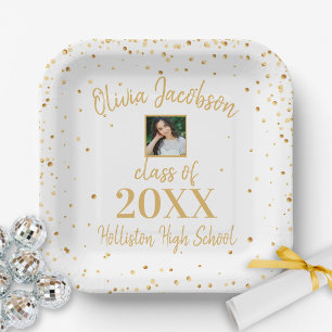 Grad Foto Gold Confetti Graduation Party White Pappteller