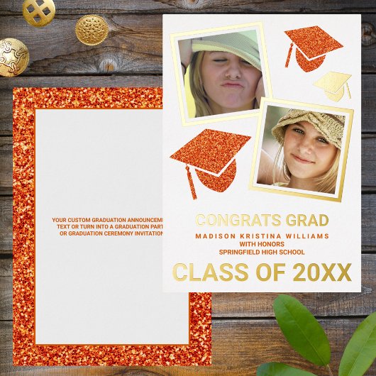 Grad Glam Orange Cap Foto Collage Graduate Folieneinladung