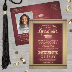 Grad Glückwunschs Burgundy & Gold Save the Date Fo Ankündigungspostkarte