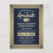 Grad Glückwunschs Navy Blue & Gold Save the Date F Ankündigungspostkarte (Vorderseite)