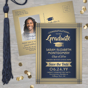 Grad Glückwunschs Navy Blue & Gold Save the Date F Ankündigungspostkarte